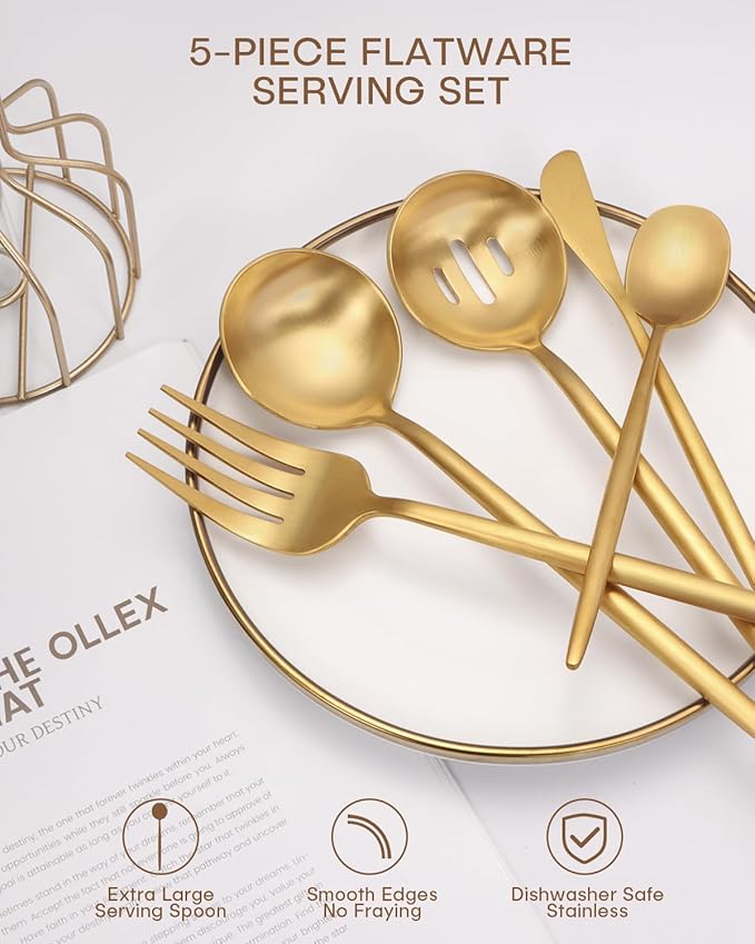 Serving Utensil Set,Ollex 5-Piece Stainless Matte Hostess Serving Utensil Set with Serving Spoon,Slotted,Sugar Spoon,Butter Knife serving set for Parties Buffet,Dishwasher Safe