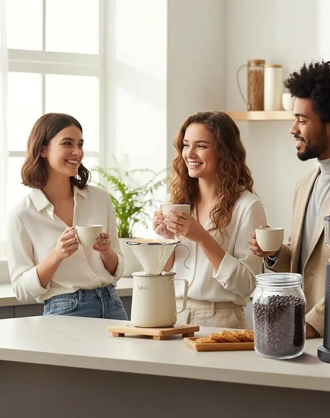 AGOGO Portable Pour Over Coffee Maker V60 Set - Easy Cleaning Compact 304 Stainless Steel Dripper for Camping & 50 Filters Paper & Cleaning Rag Cream 20 oz