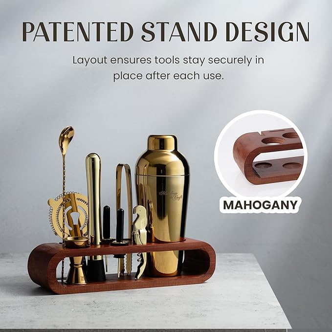 Mixology & Craft Bartender Kit: 10-Piece Cocktail Shaker Set with Dark Bamboo Stand | Complete Cocktail Kit Gift Set | Top Bartender Gifts for Men & Women | Leak-Proof Design (Gold)