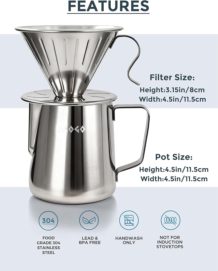 AGOGO Portable Pour Over Coffee Maker V60 Set - Easy Cleaning Compact 304 Stainless Steel Dripper for Camping & 50 Filters Paper & Cleaning Rag Silvery 20 oz