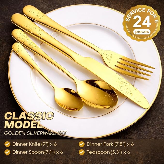 chandler 24 Pieces Cutlery Set Shiny Golden Stainless Steel 410 18/0 0% Nickel Golden Wood Bag Dinner Spoons Dinner Knives Dinner Forks Tea Spoons