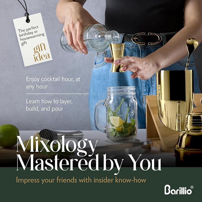 Barillio Gold Bartender Kit - Stainless-Steel Cocktail Shaker Set w/Bamboo Stand - Mixology Bar Tools w/Shaker, Drink Mixer Spoon & Muddler for Cocktails - Home Bar Accessories - 10-Pc Bar Set