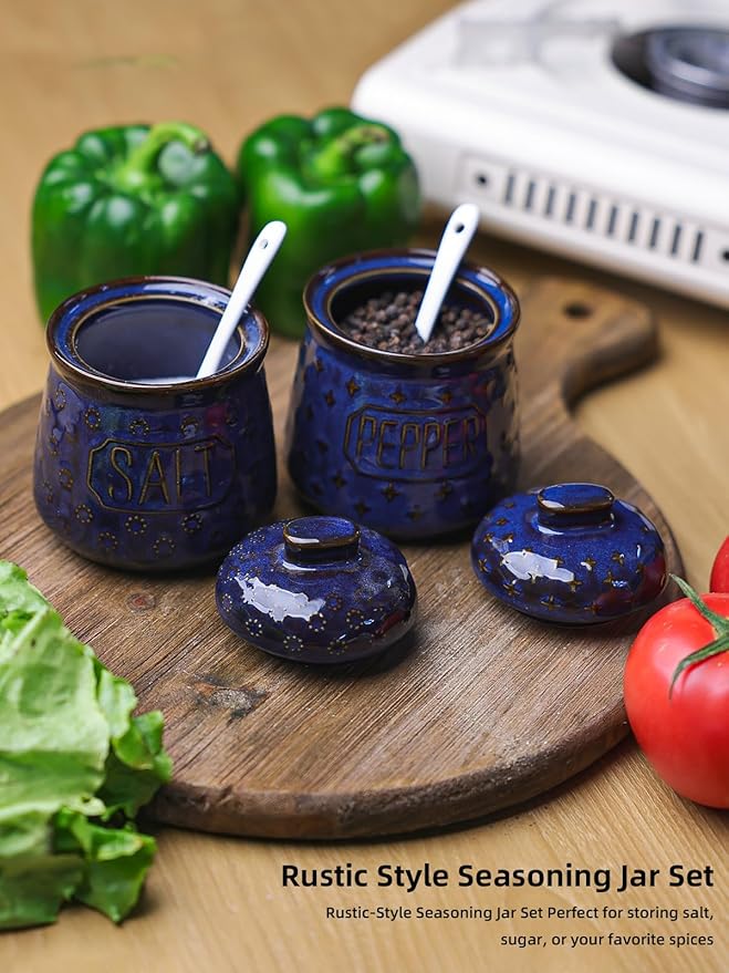 GDCZ 10 Oz Ceramic Salt and Pepper Bowls Set with Lid and Spoons, Seasoning Container, Dishwasher Safe, Set of 2 (Blue)