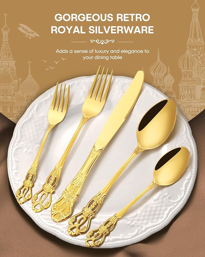 Stapava 20 Pcs Retro Royal Gold Silverware Set, Stainless Steel Gold Utensils Cutlery Set for 4, Gorgeous Flatware Set Include Forks Spoons and Knives Set, Dishwasher Safe, Mirror Polished