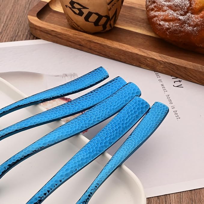Serving Utensils Set, 5-Piece 18/8 Stainless Steel Hostess Serving Set, Elegant Hammered Serving Utensils for Home Restaurant and Buffet Catering, Heavy and Mirror Polished, Blue