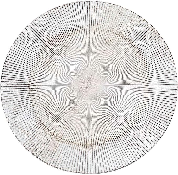 Efavormart 6 Pack | 13" White Washed Sunray Rim Faux Wood Plastic Charger Trays, Round Disposable Serving Plates