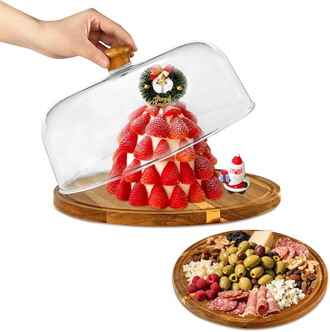 Wood-Cake-Stand With Acrylic Lid, Round Acacia Cake Holder With Cover, 2-in-1 Cake Plate with Dome, Dessert Table Display Set For Party, Charcuterie Board For Cheese, Chips & Dips, Nachos, Fruit Platter