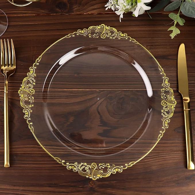 10" Dinner Plates -Set of 30 - Plastic Clear Gold Round Baroque Disposable Chargers Leaf Embossed Rim, Ideal for Dinner Party Wedding Bulk Events