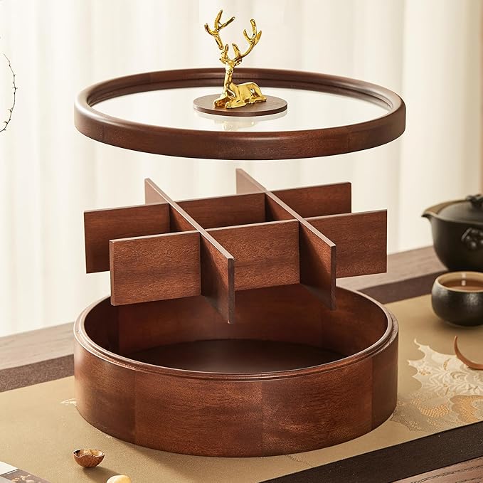 12" Wooden Serving Tray with Lid, 360° Rotating Snack Try, 9 Compartments, Platter Organizer for Snacks, Candy, Nuts, Chips, Tray for Party, Family Dinner and Holidays