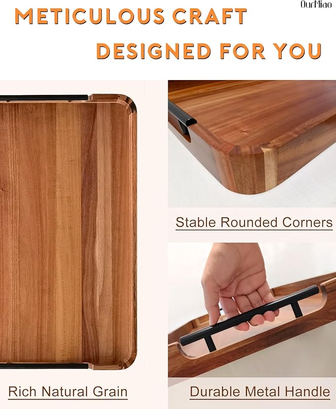22 x 15.7 Inches Acacia Wood Serving Tray with Metal Handles, Large Rectangular Ottoman Tray with Rounded Corner, Great for Living Room, Coffee Table, Kitchen, Serving Food & Hosting