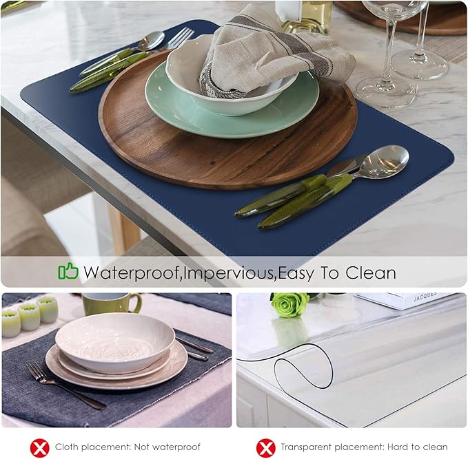 Vinyl Placemats Set of 6, Faux Leather Heat Resistant Kitchen Place Mats, Waterproof Wipeable Dining Table Mats and Coasters for Indoor, Outdoor (Navy Blue)