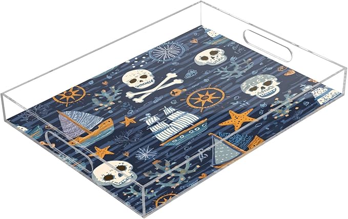 Serving Tray with Handles Clear Acrylic Tray 12x16 Inch Decorative Rectangular Tray Organizer for Ottoman Coffee Table Bathroom Blue Pirate Skulls Sailboats Starfish and Compass