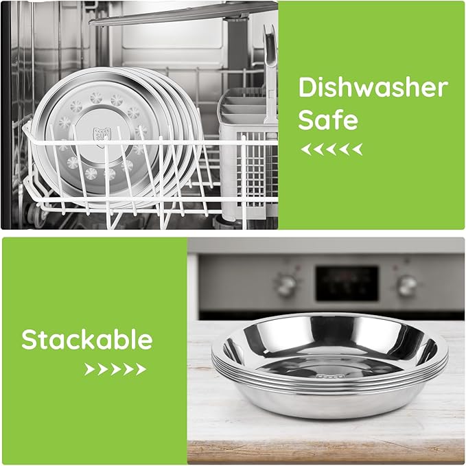 Patterned Deep Metal Camping Plates, 8 Pack 9.4 inch 304(18/8) Stainless Steel Plates, Reusable Pizza Food Serving Snack Eating Salad Dishes Round Shatterproof Silver Dinnerware Dinner Oven