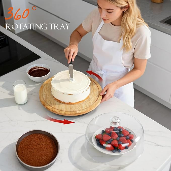 Masthome Bamboo Christmas Cake Stand with Lid, Rotating Cake Holder with Dome, Dessert Table Display Set with Clear Cover, BPA Free Cake Plate with Cover for Birthday/Kitchen/Party/Charcuterie