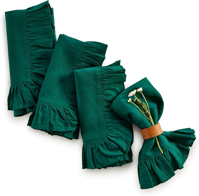 Solino Home Linen Ruffle Cloth Napkins Set of 4-100% Pure Linen Rainforest Green Dinner Napkins 20 x 20 Inch - Gabrielle Ruffle, Handcrafted and Machine Washable - Christmas, Winter, New Year