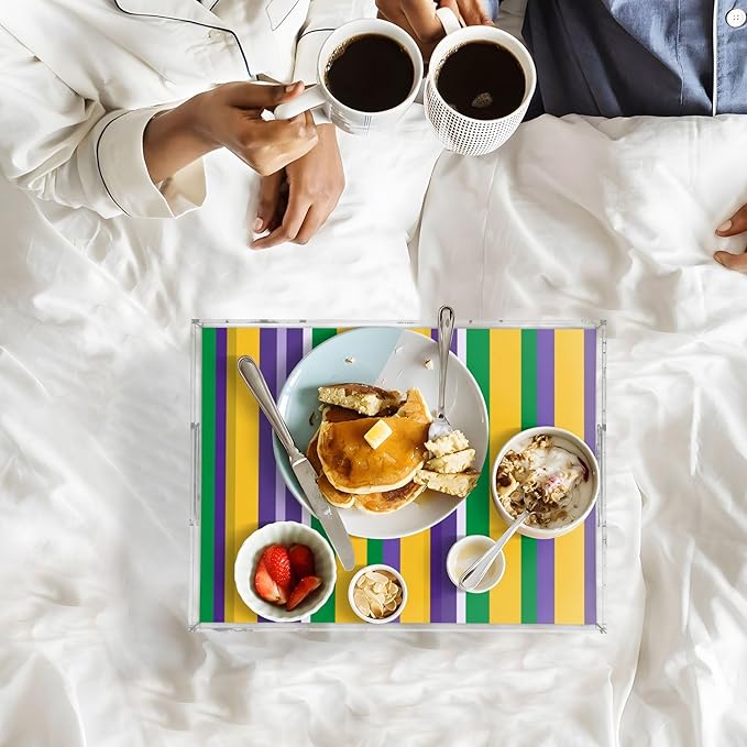 Serving Tray with Handles Clear Acrylic Tray 12x16 Inch Decorative Rectangular Tray Organizer for Ottoman Coffee Table Bathroom Mardi Gras Stripe Purple Yellow
