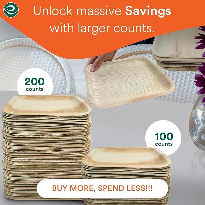 ECO SOUL Palm Leaf Disposable Bamboo Plates 10" Square Compostable & Biodegradable Party Plates for Christmas Dinner, Weddings, Parties & Events 50 Count