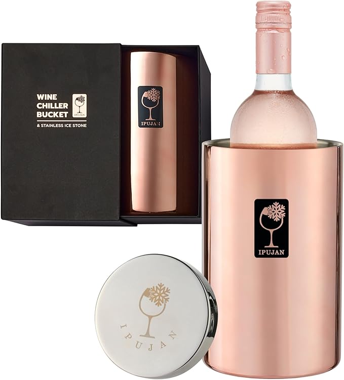 Wine Chiller Bucket with Stainless Ice Stone - Wine Gifts Set of 750ml wine ice bucket cool up to 5 hours - Insulated double walled champange bucket for single bottle(Rose Gold)