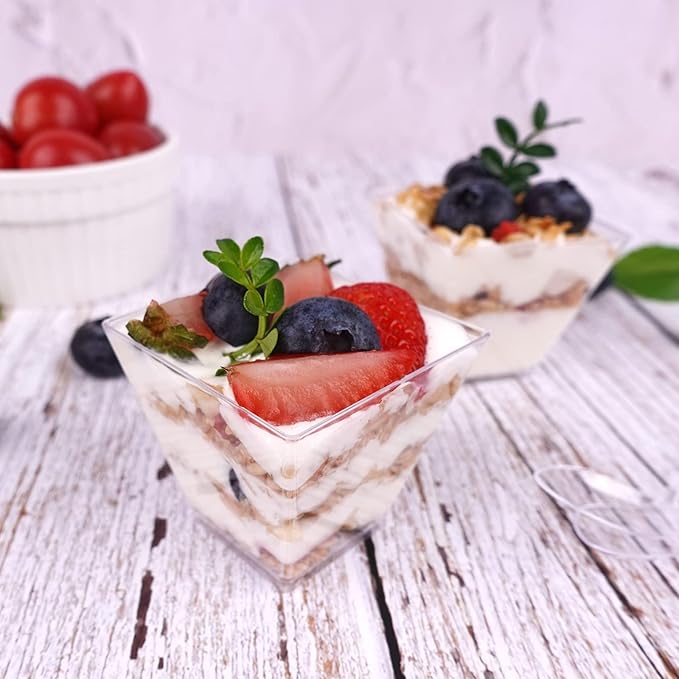 50 Pack 3.5 oz Plastic Dessert Cups with Spoons, Mini Square Parfait Appetizer Cups, Reusable Small Shooter Cup, Clear Serving Bowls for Tasting Party Samples Dessert Shot Glasses