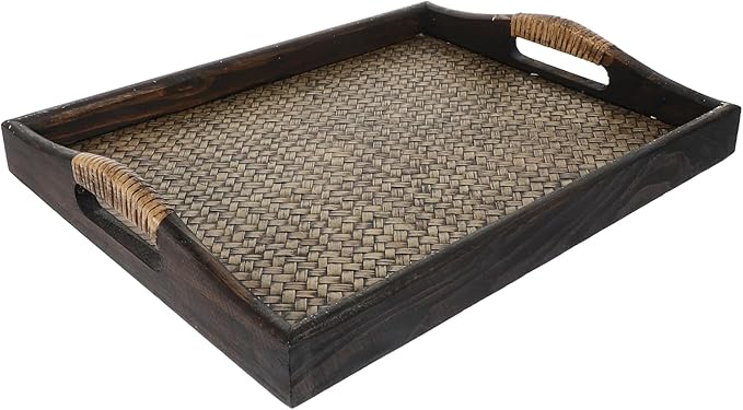Wood Rectangular Serving Tray with Raised Handles Large Southeast Asian Style Woven Tea Cup Holder Decorative Wooden Drink Tray for Home, Office, and Hotel Use