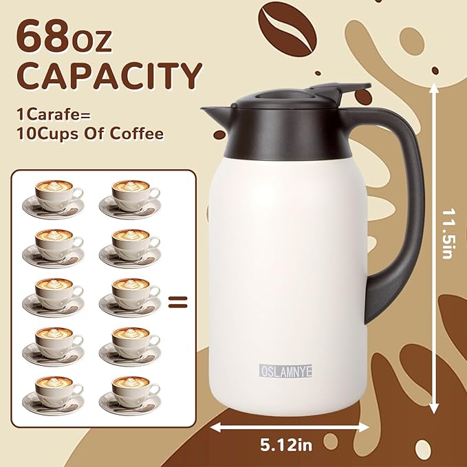 68 oz Coffee Carafe for Keeping Hot - 12 Hour Hot Drinks and 24 Hour Cold Drinks Stainless Steel Insulated Pot with Anti-Drip Spout, 316 Food Grade Thermal carafe Pot for Home/Camping/Office White