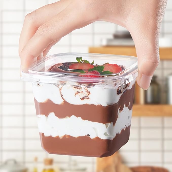 Kucoele 50 Pack 12 oz Plastic Dessert Cups with Lids and Sporks, Clear Square Cake Cups Dessert Containers for Pudding Parfait Fruit Yogurt and Shortcake