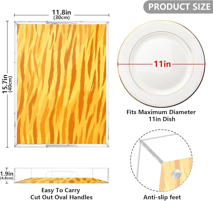 Serving Tray with Handles Clear Acrylic Tray 12x16 Inch Decorative Rectangular Tray Organizer for Ottoman Coffee Table Bathroom Bright Orange Yellow Tiger Print