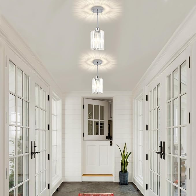 Chrome Pendant Lights,2 Pack Crystal Pendant Lighting for Kitchen Island, Modern Mini Kitchen Chandeliers Hanging Pendant Lights for Bedroom Dining Room Hallway