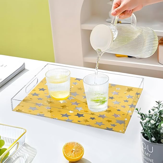 Serving Tray with Handles Clear Acrylic Tray 12x16 Inch Decorative Rectangular Tray Organizer for Ottoman Coffee Table Bathroom Silver and Golden Stars