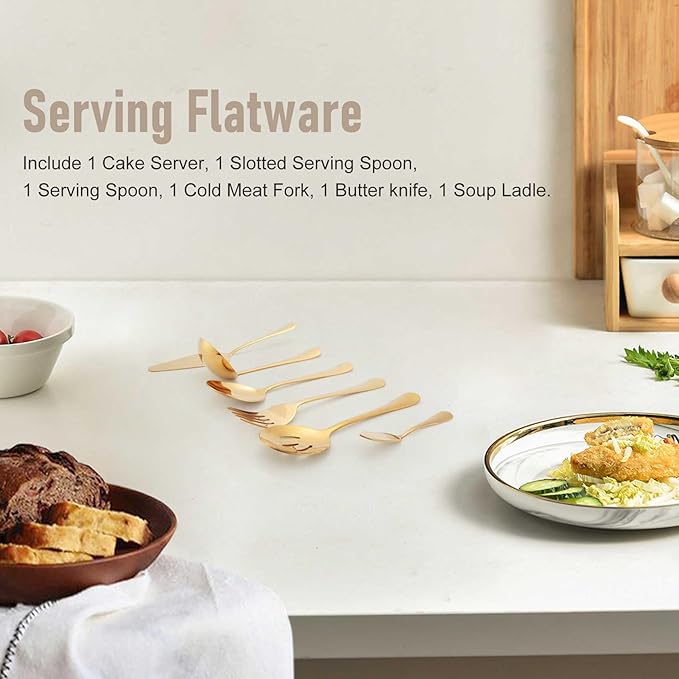 6-Piece Serving Flatware Silverware Set, Serving Utensil Set,Include Cake Server, Slotted Serving Spoon Gold
