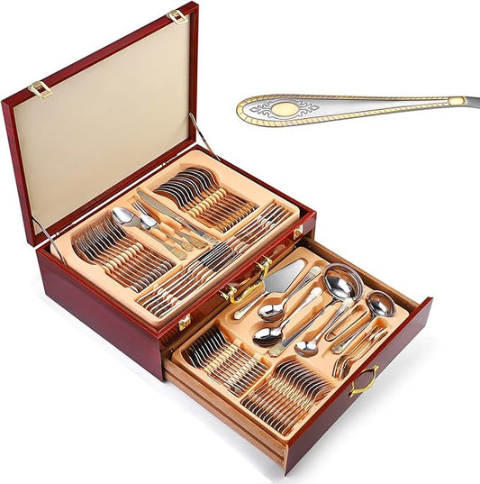 72/84 PCS Luxury Flatware Set, in a Flatware Organizer for Drawer, Silverware Flatware Serving Set for 12 with Gold Accents for Formal Events, Parties(B,72pcs)