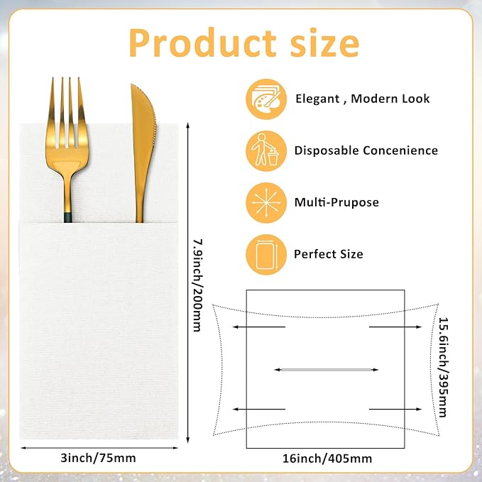 Cindeer 150 Pcs White Linen Dinner Feel Napkins with Built in Flatware Pocket Prefolded Paper Disposable Airlaid Guest Hand Towel for Silverware Wedding Reception Christmas Baby Shower