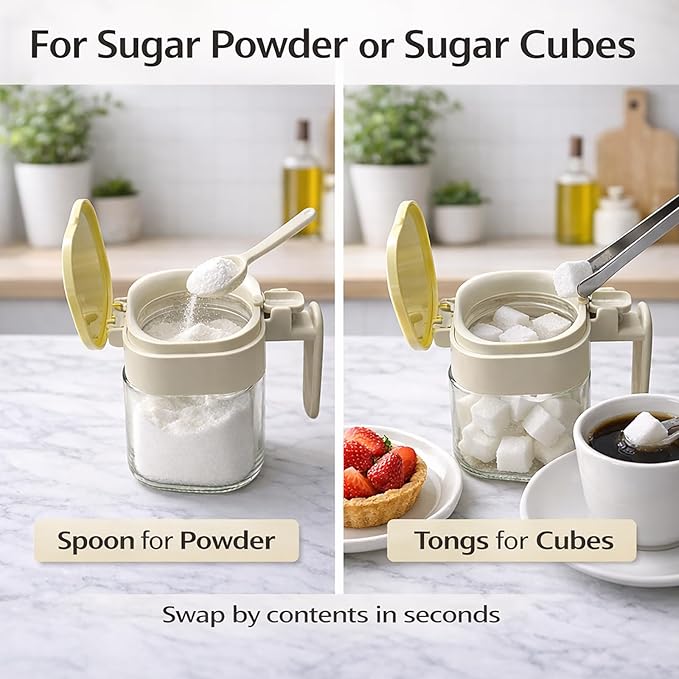 Sugar Cube Container with Tongs, 400ml Airtight Sugar Bowl with One-Touch Lid & Spoon Storage, Hygienic Utensil Compartment Jar for Coffee Bar Sugar Cubes or Powder (1, Beige)