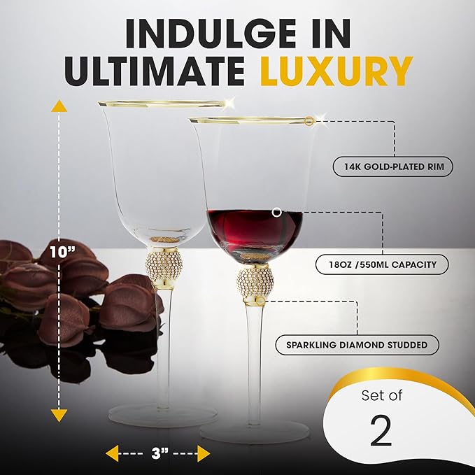 Premium Wine Glasses Set of 2 - Crystal Long Stem Wine Glass with Gold Rim & Rhinestone Design - 18 oz