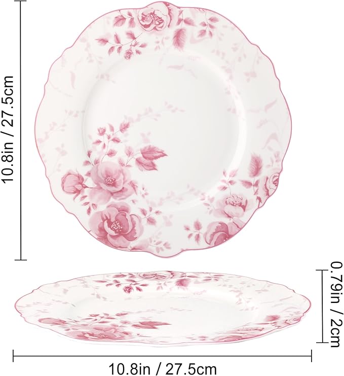 fanquare Pink Floral Dinner Plate Sets of 4, 10.5 Inch Large Round Porcelain Pasta Appetizer Steak Serving Dishes for Microwave & Dishwasher Safe