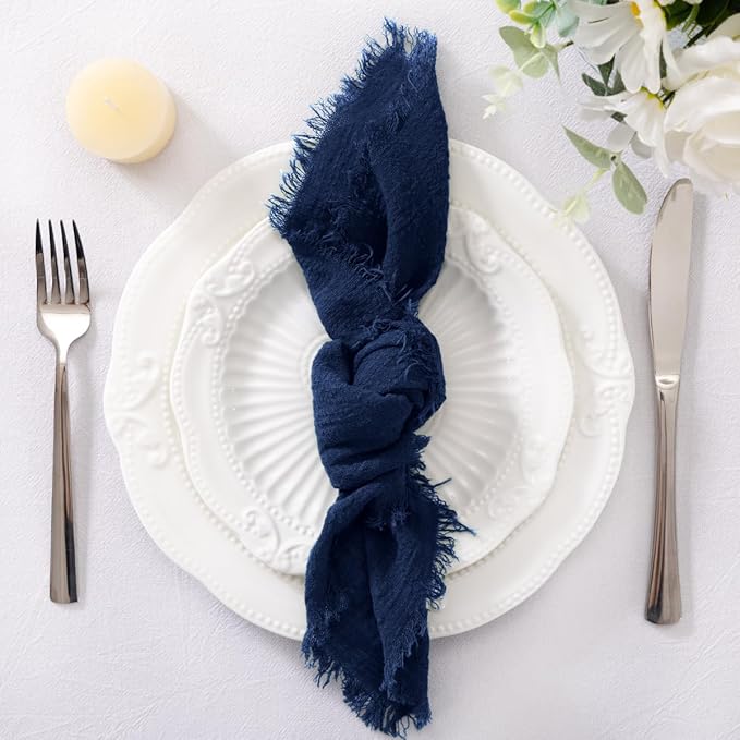 Socomi Set of 12 Linen Napkins Navy Blue Easter Spring Cloth Napkins Washable Cotton Dinner Napkins Fringe 17"x17" for Wedding Party Bridal Baby Shower Birthday Table Decorations