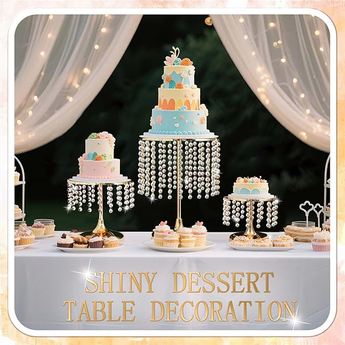 Metal Mirror Cake Stand Set with Crystal Pendants - Elegant Dessert Table Display for Weddings, Birthday Parties, Baby Showers, Events - Sturdy Crystal Bling Cupcake Stands for Pastries, Sweets, Decorations (Gold, Set of 6)
