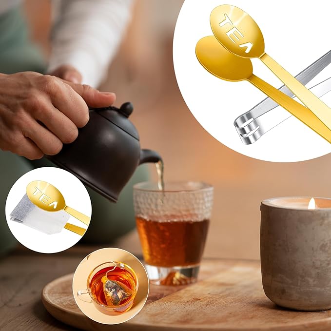 2 Pack Tea Bag Squeezer, Tea Tongs Metal Stainless Steel Squeezer Tongs Teas Filter Spoon Clamp Teas Strainer Holder Clip for Gripping Loosing Leaf,Ice Lemon Slice (Golden and Silver)