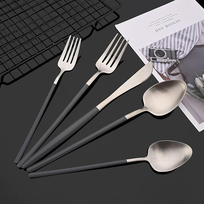 JASHII Slim Handle Silverware Set 20 Pieces, 304 Stainless Steel Colorful Flatware Set, Titanium Plating Cutlery Set, Utensil Sets for Home Dinner Service for 4, Dishwasher Safe - Dark Grey&Silver