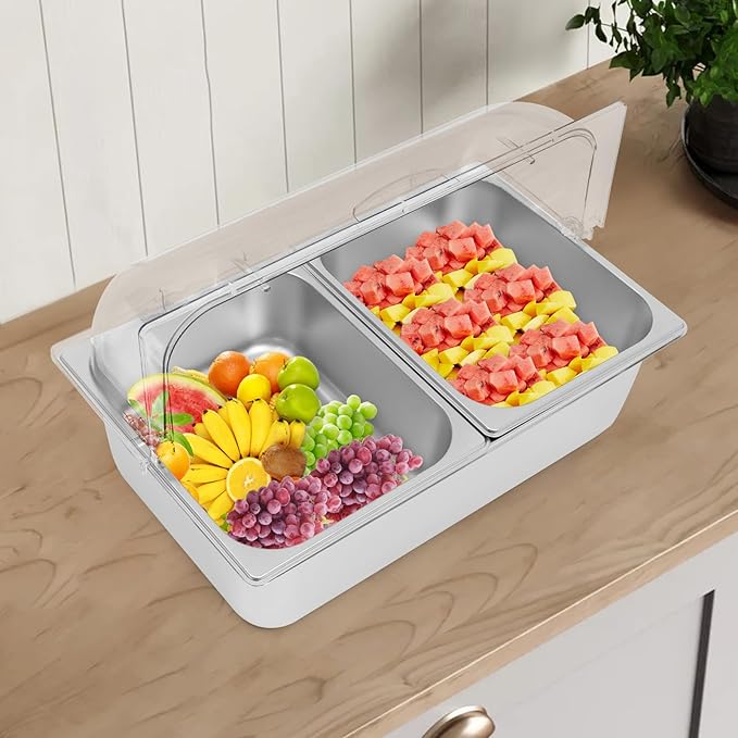2 Pans Countertop Food Serving Display Container, Stainless Steel Flip-Top Fruit Tray with Clear Roll Top Cover, Buffet Chilled Condiment Container for Restaurant Hotel Kitchen