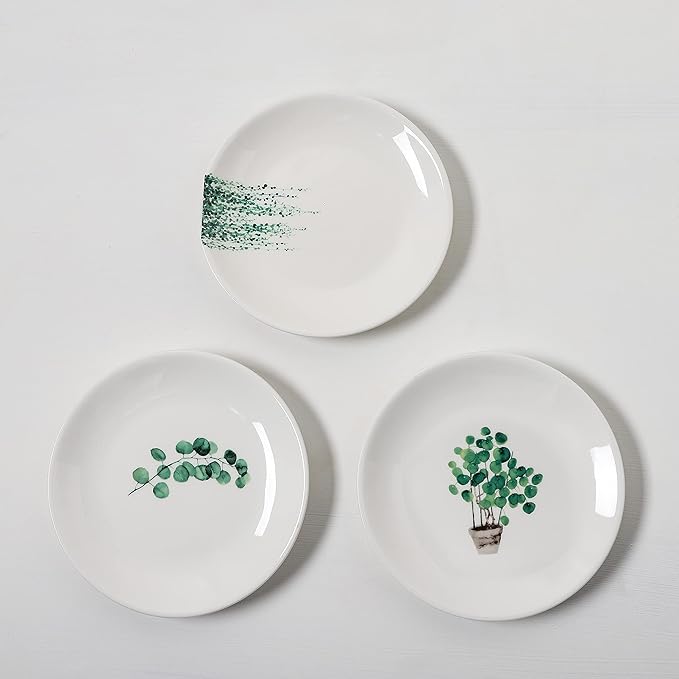 6 Inch Set of 6 Assorted Designs, Small Porcelain Plates with Plants Pattern,White Ceramic Dinnerware for Appetizer Luncheon Snacks Dessert Serving Bread, Microwave Oven Dishwasher Safe