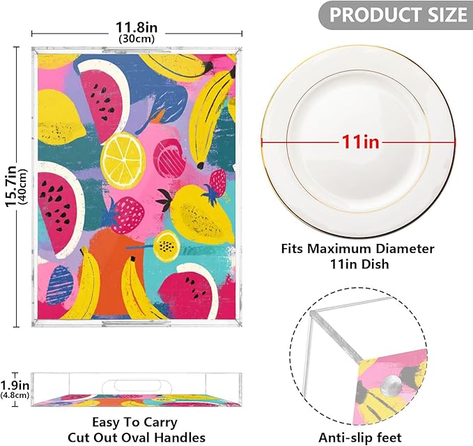 Serving Tray with Handles Clear Acrylic Tray 12x16 Inch Decorative Rectangular Tray Organizer for Ottoman Coffee Table Bathroom Colorful Watermelon Banana Strawberry Mango