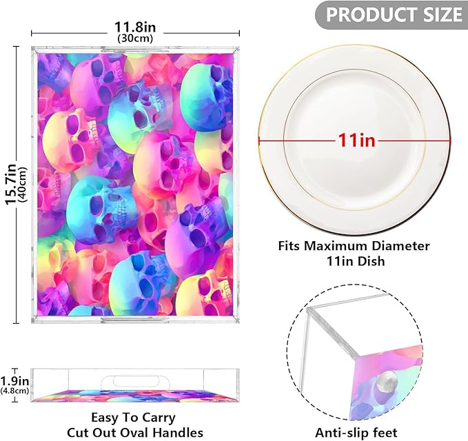 Serving Tray with Handles Clear Acrylic Tray 12x16 Inch Decorative Rectangular Tray Organizer for Ottoman Coffee Table Bathroom Gradient Multicolored Skulls