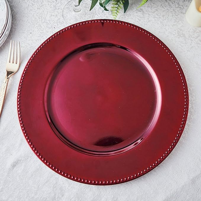 13" Charger Plates -Set of 12 - Acrylic Burgundy Round Beaded Disposable Chargers, Ideal for Dinner Party Wedding Bulk Events Tabletop Decoration