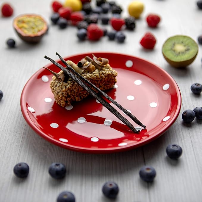 City to Cottage Handmade Red and White Pottery Polka Dot Glazed 7.9inch/20cm Side Plate, Dessert Plate, Unique Ceramic Dinnerware, Housewarming Gift