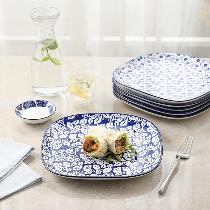 Selamica Porcelain Square Dessert Salad Pasta Steak Plates 10 inches ceramic plates set of 6 microwave/dishwasher/oven safe, Vintage Blue