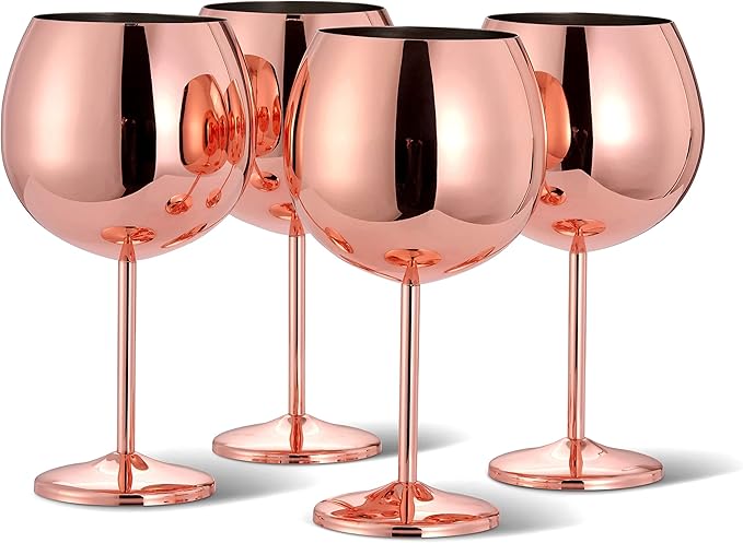Oak & Steel - 24oz Big Gin and Tonic Glasses Set of 4 (Rose Gold) Stainless Steel, Balloon Glasses, Gin Cocktail for Wedding, Birthday, Beach & Pool Party