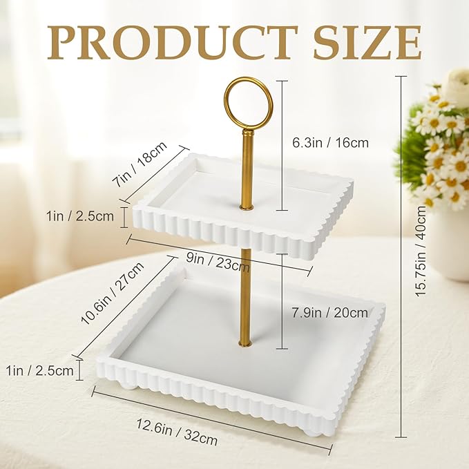 Wooden Two Tiered Tray Stand for Decor, Modern 2 Tier White Rectangular Decorative Tray with Gold Handle Farmhouse Countertop Serving Display Stand for Home Kitchen Coffee Bar Table Centerpiece