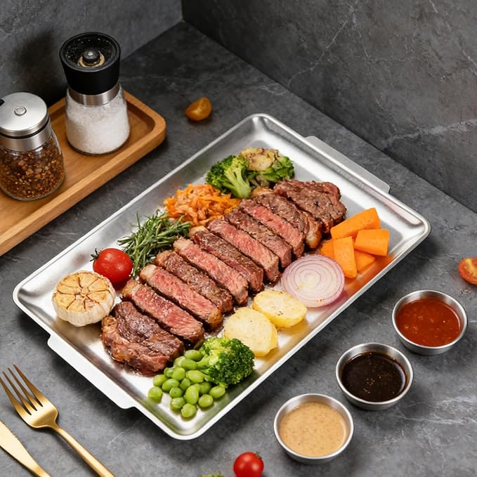 2 Pack 304 Stainless Steel Serving Platters 16x11 Inch Large Rectangular Stainless Steel Tray for BBQ Korean Meat, Professional Sizzle Platter for Home Party and Restaurant (Silver)
