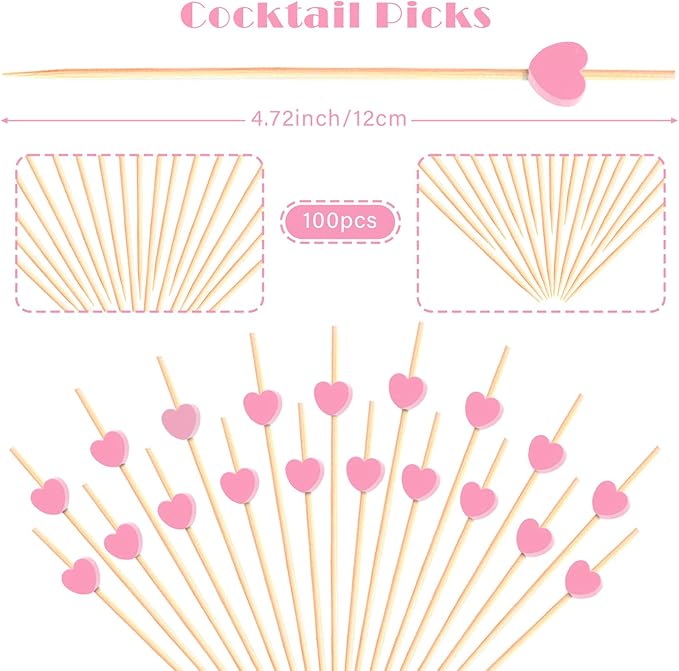 100pcs Pink Heart Cocktail Picks 4.7" Long Fruit Sticks Food Toothpicks Sandwich Appetizer Charcuterie Skewers, Made of Bamboo Wood, for Birthday Wedding Valentines Galentines Day Party Decorations